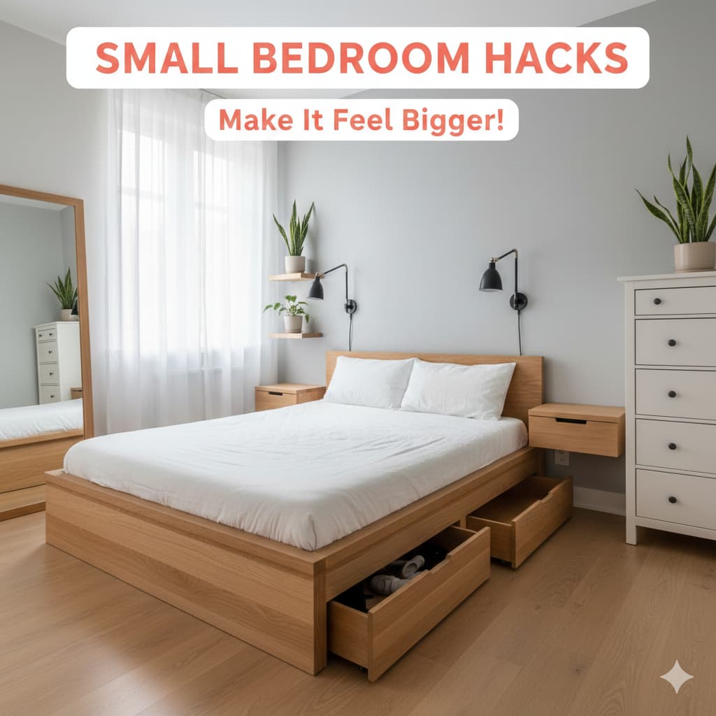 Small 10x12 bedroom with space-saving vertical dresser, floating nightstands, clever storage