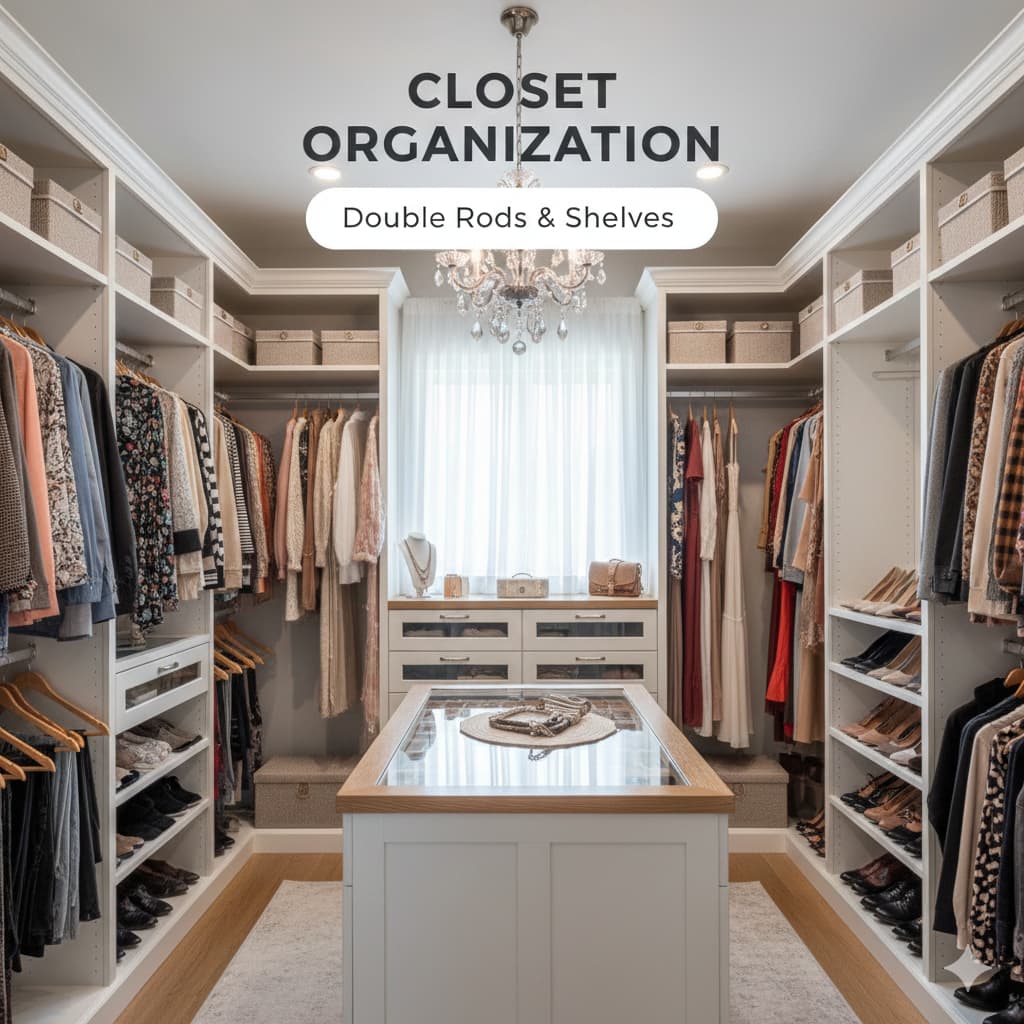 Walk-in closet with custom organization system featuring double rods, adjustable shelves, drawer units