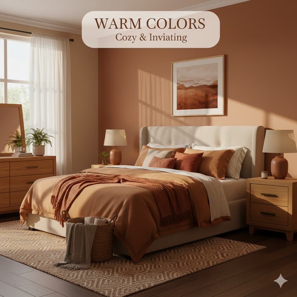 Cozy bedroom with warm beige terracotta walls linen bedding natural wood furniture